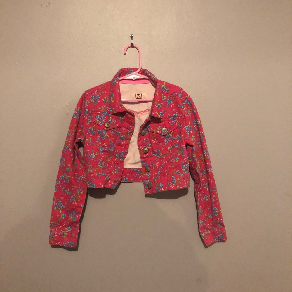 Lei Flower/Pink Denim Cropped Jacket Sz 7